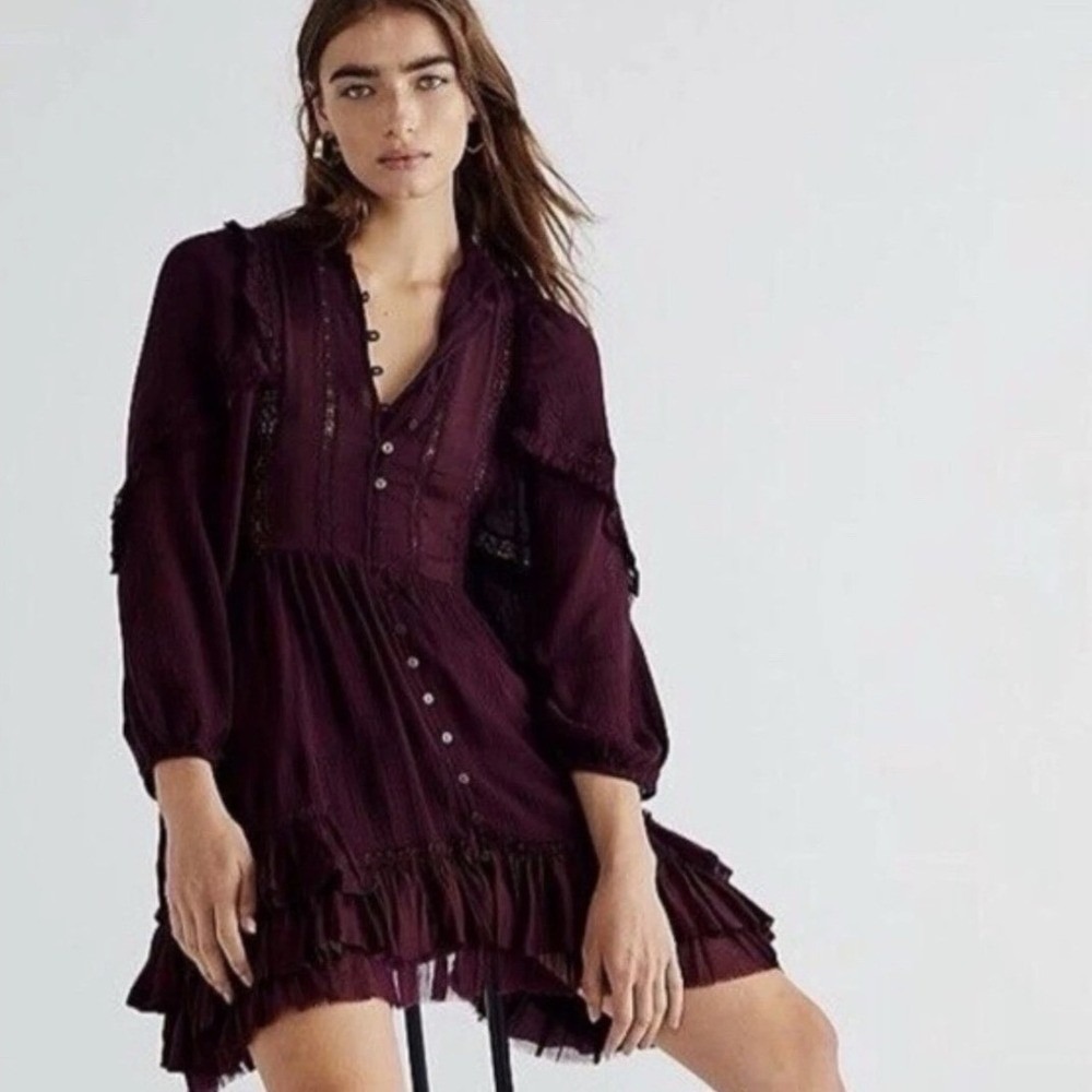 Free People Women's Boho Mini Dress Ruffle Size XS Whimsigoth‎ Vampire Witchy